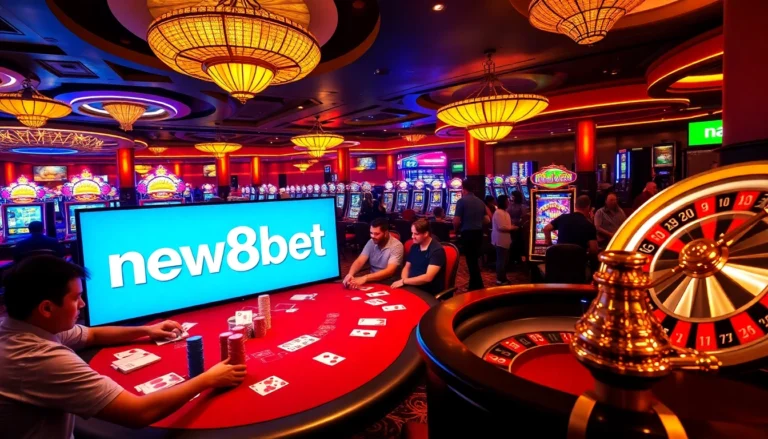 Players enjoying a thrilling poker game at new88bet casino, surrounded by vibrant tables and slot machines.