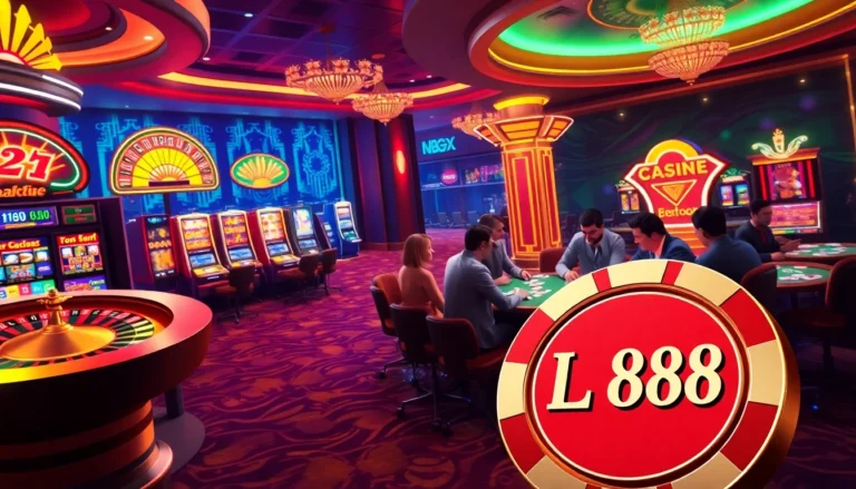 Players enjoying thrilling casino games in a vibrant setting featuring LC88-themed poker chips, roulette wheels, and slot machines.