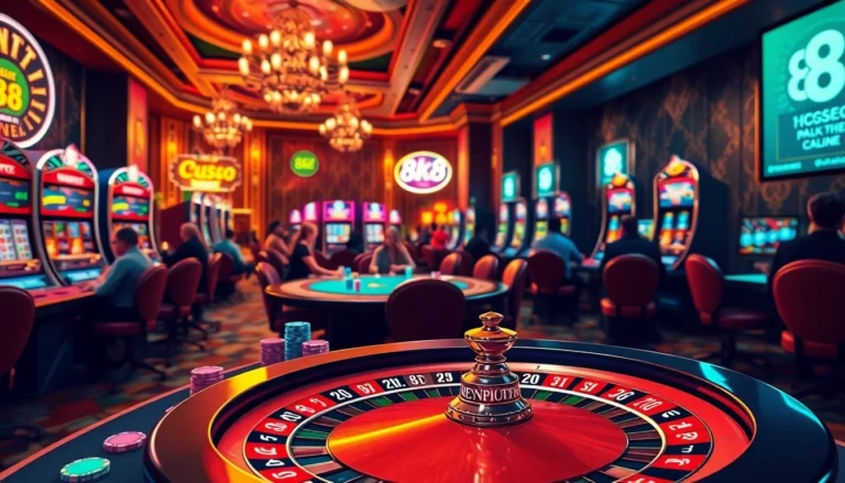 Players enjoy a thrilling game at the 8k8 online casino table, surrounded by vibrant slot machines.